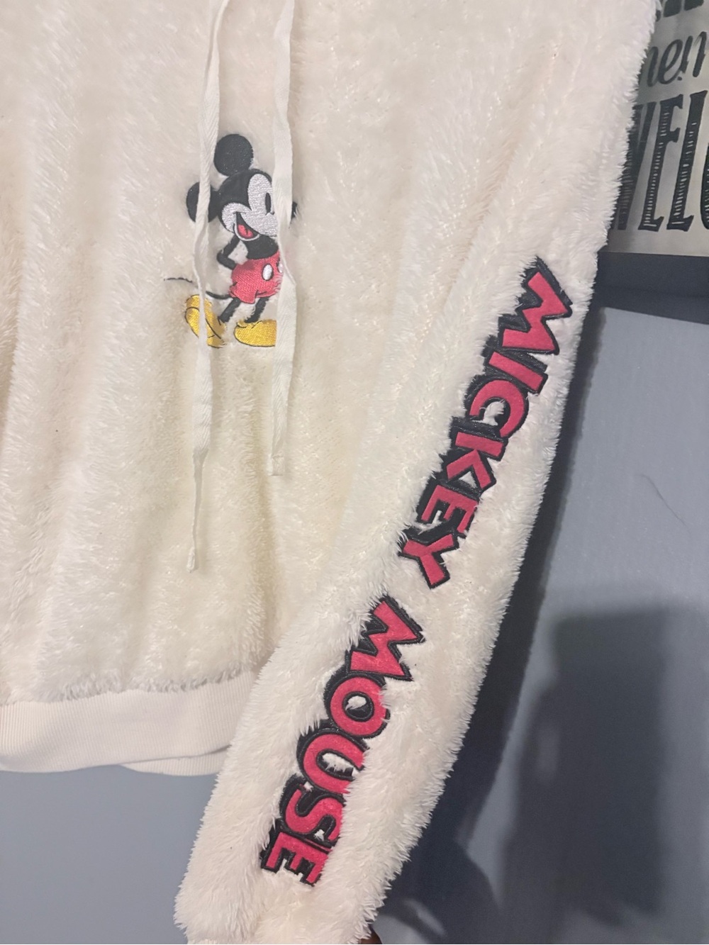 Disney Cream Plush Mickey Mouse Pullover Sweater with Pink Sleeve Lettering